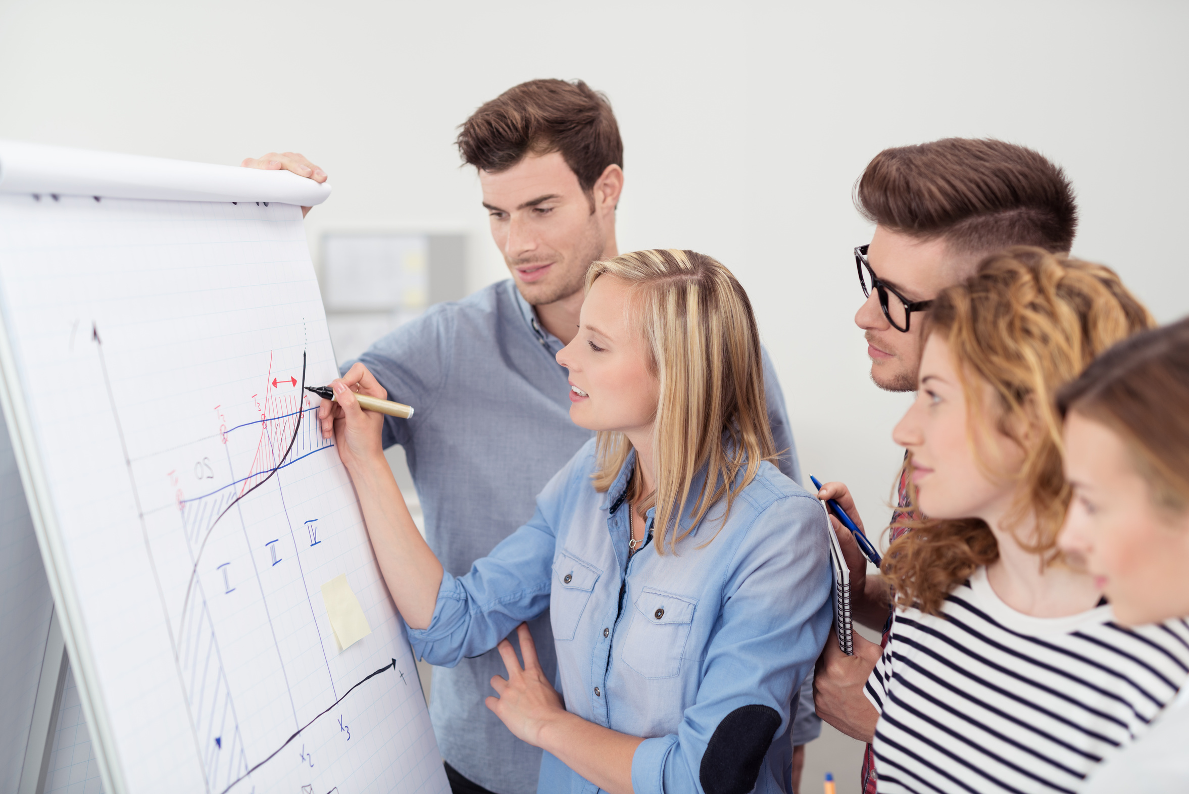 bwl-studenten arbeiten zusammen am flipchart